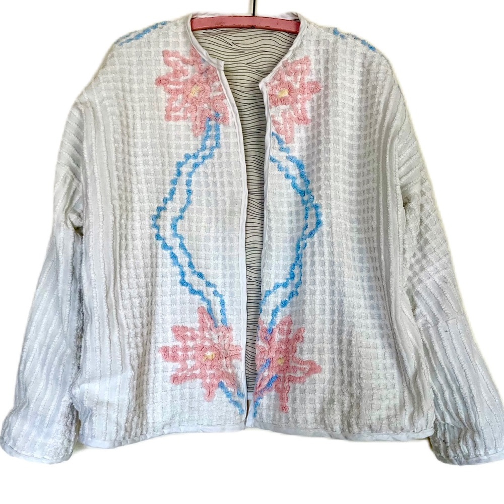 Handmade upcycled coat made from vintage chenille textile.